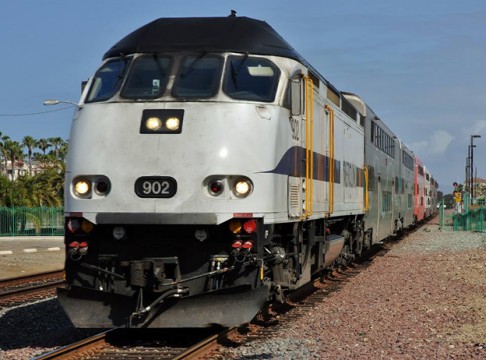 A collision between a Los Angeles Metrolink commuter train and a UP freight was to some degree the genesis event of the PTC mandate.  Here a Metrolink train approaches Oceanside, California south of LA in April of 2013. (image © 4/2013 by Nikki Burgess; all rights reserved)
